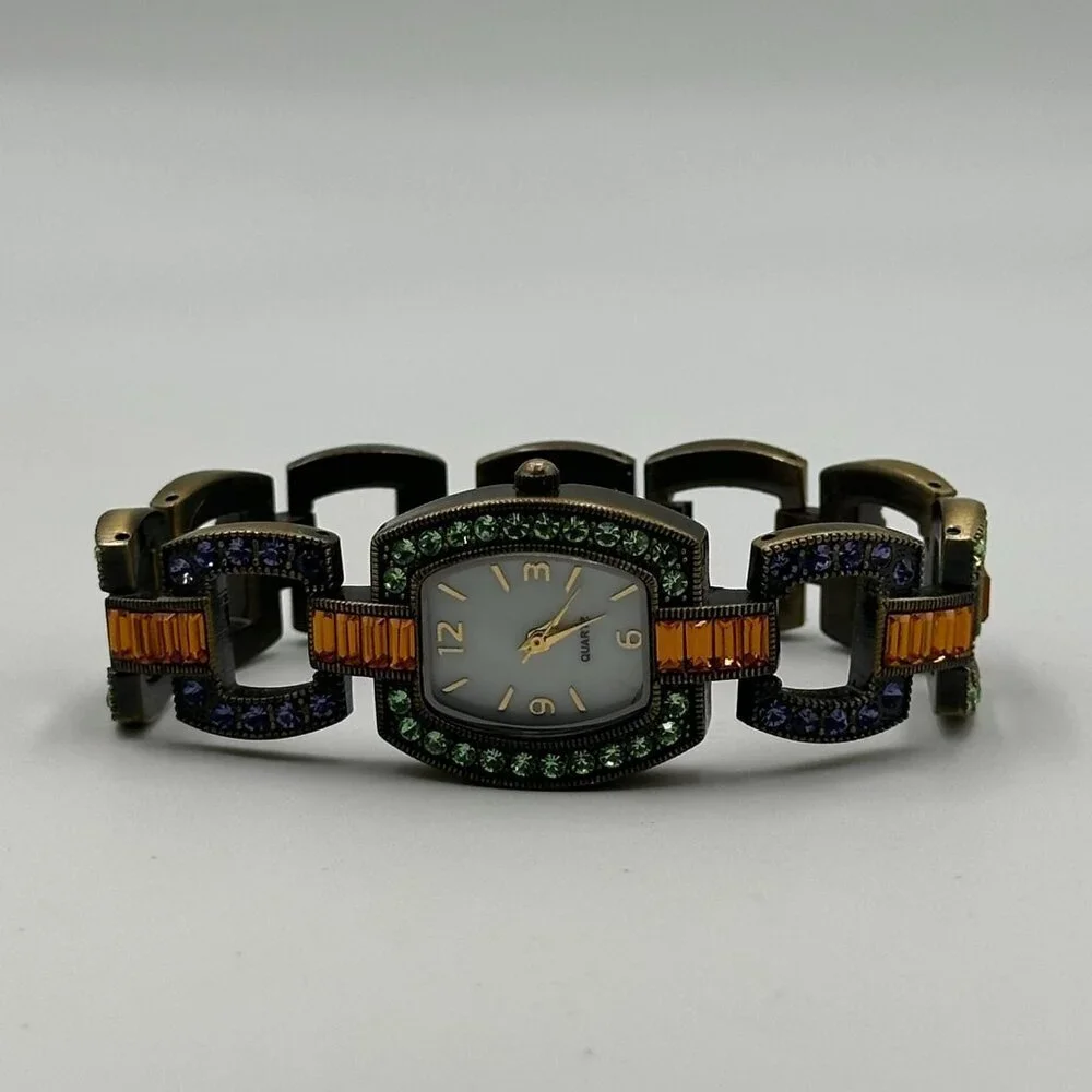 LA Vintage Rhinestone Watch Women Bronze Tone Green Purple New Battery 6.75 Inch